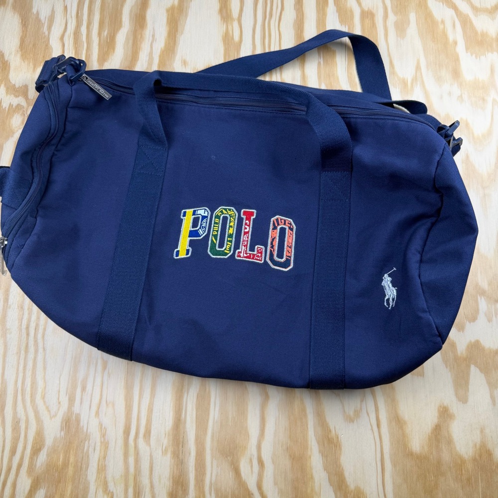 Ralph Lauren Fragrances Navy Blue Canvas Duffel Bag Multi Color Polo Logo